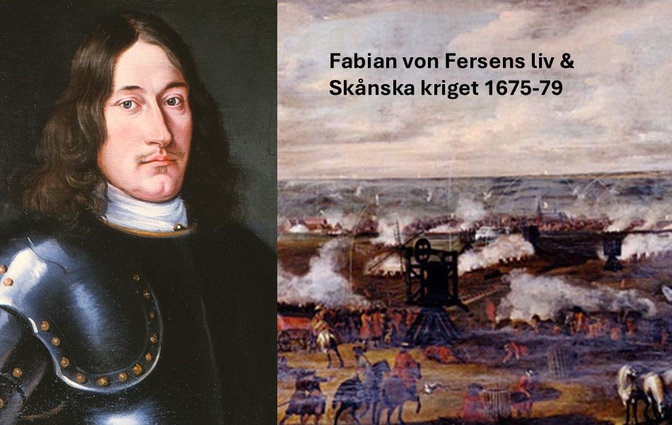 På bilden till vänster syns ett porträtt av Fabian von Fersen och till höger en målning som föreställer ett slag under Skånska kriget 1675-1679.